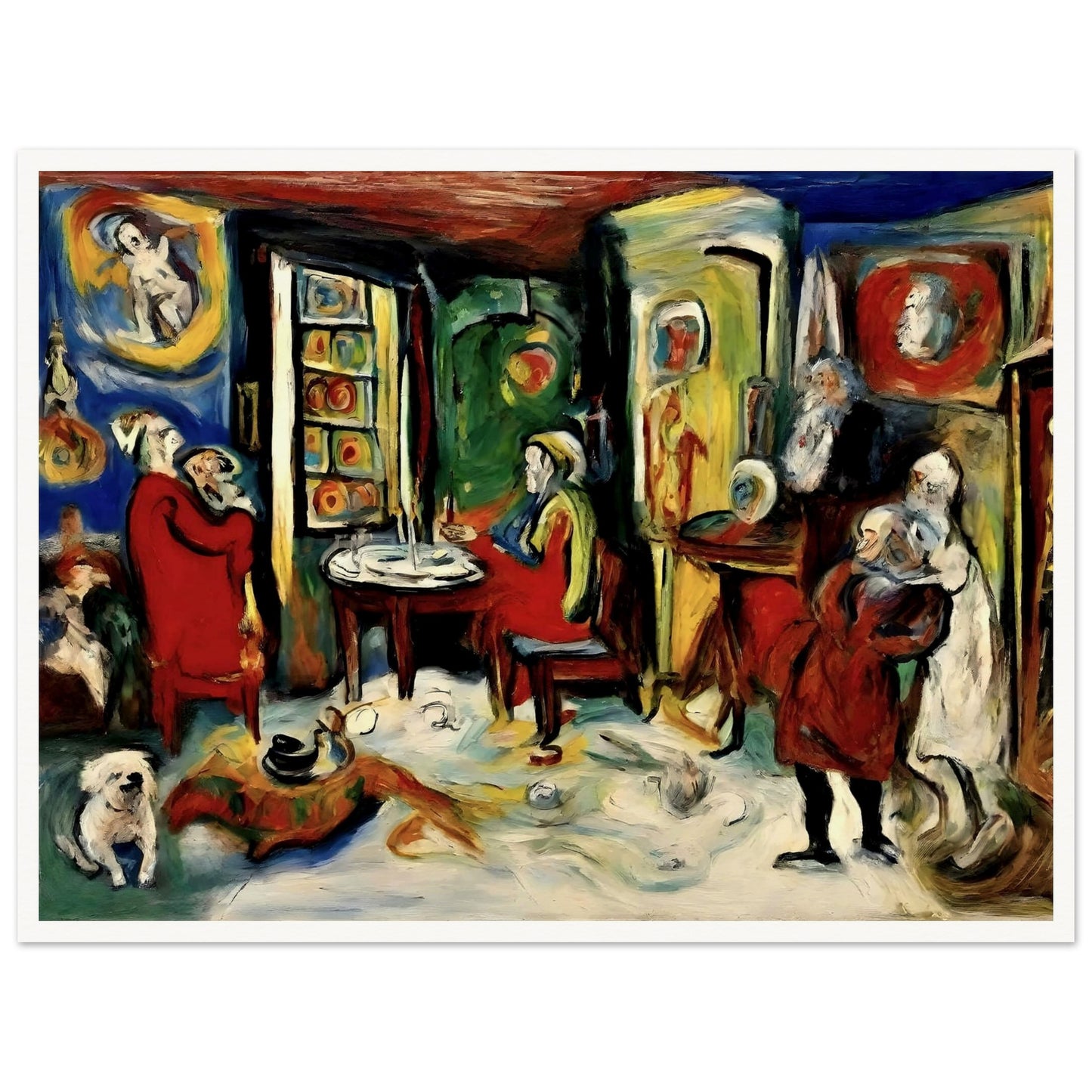 Vibrant and dynamic painting of a cozy interior filled with people, animals, and ornate decor, evoking a sense of nostalgia and intimacy.