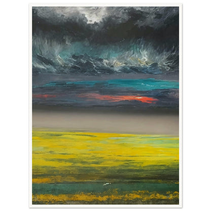 A dramatic landscape painting featuring a vibrant yellow field under a dark, stormy sky with a hint of sunset colors.