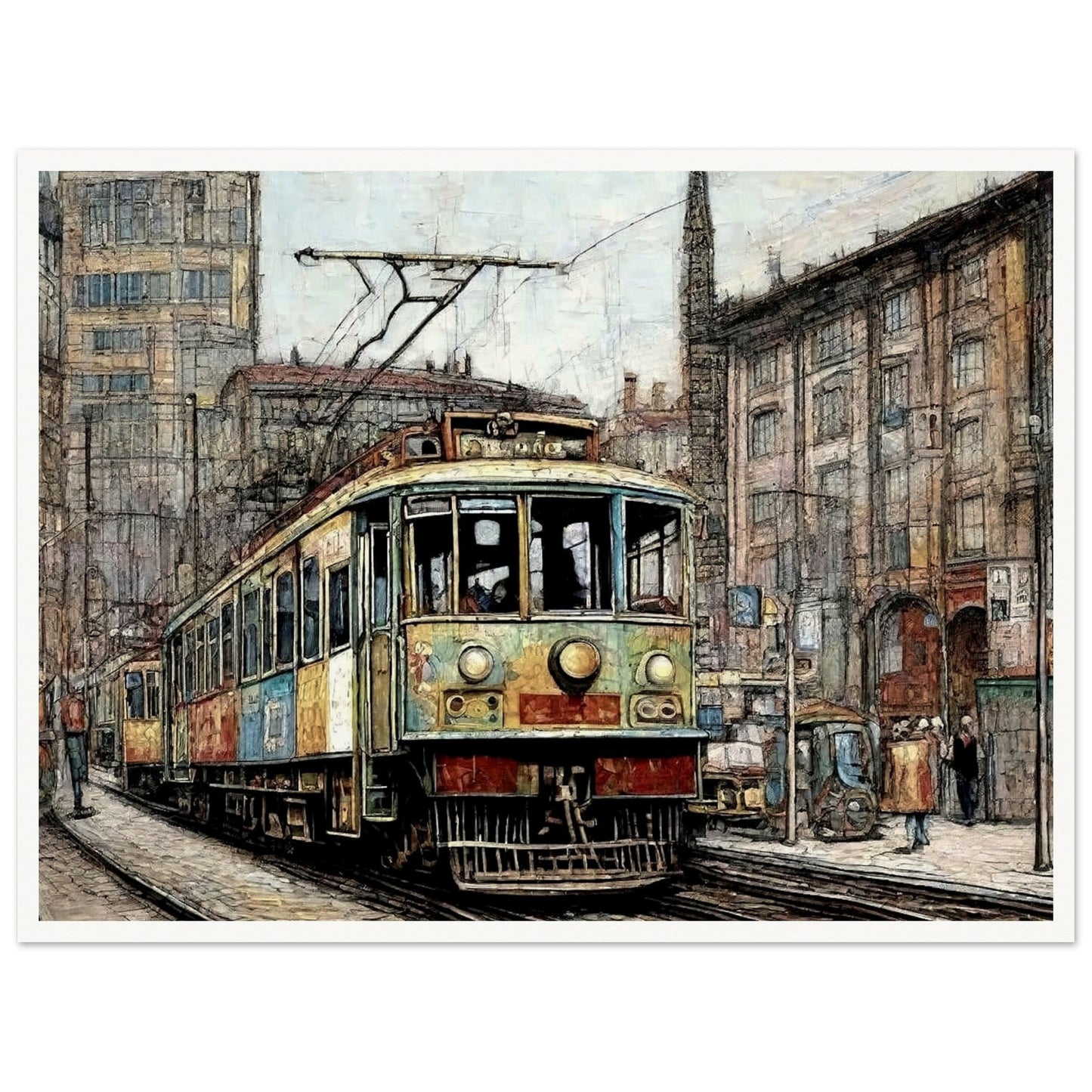 "A detailed painting of a vintage tram traveling through a bustling city street, surrounded by old buildings and a busy urban environment, evoking a nostalgic feel."