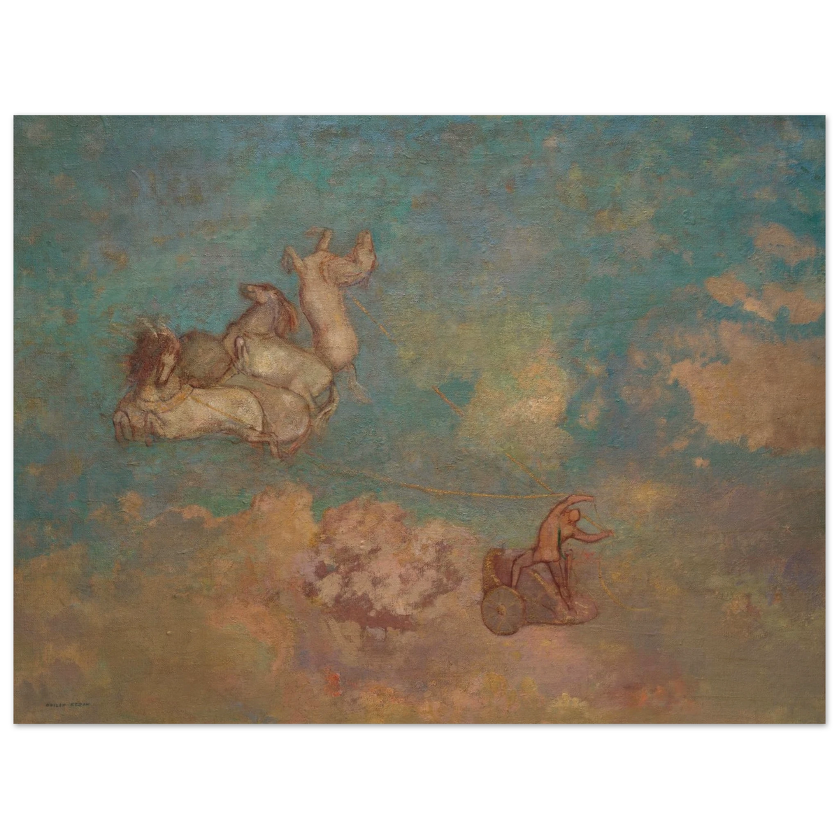 Apollo drives a chariot pulled by horses through a dreamy blue sky with soft clouds and pastel light.