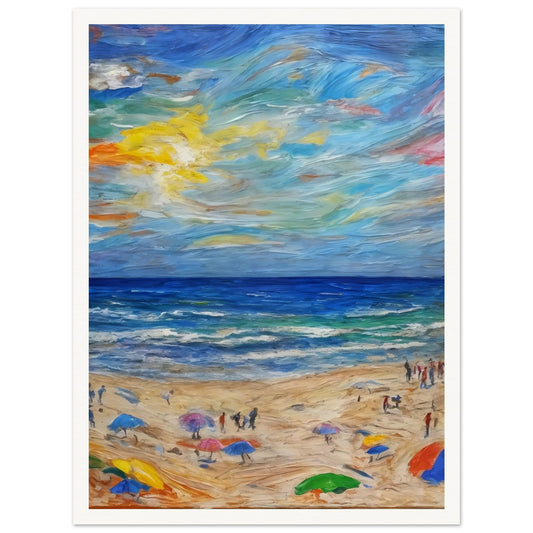 "A lively beach scene with colorful umbrellas scattered across the sand, beneath a vibrant sky and deep blue ocean waves."