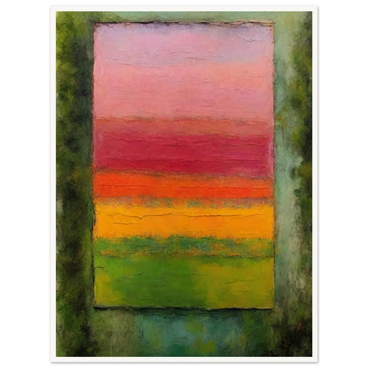 An abstract painting featuring horizontal layers of vibrant colors resembling a sunset, bordered by a textured green frame.