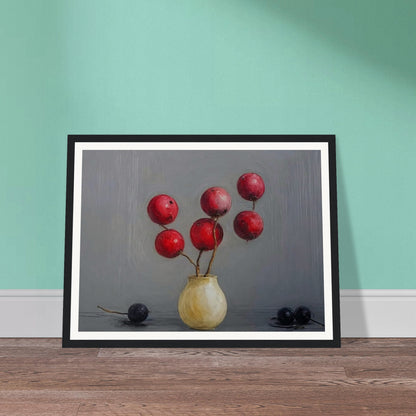 A minimalist still life painting featuring red berries arranged in a small, round vase, set against a soft gray background, with two dark berries resting on the table.