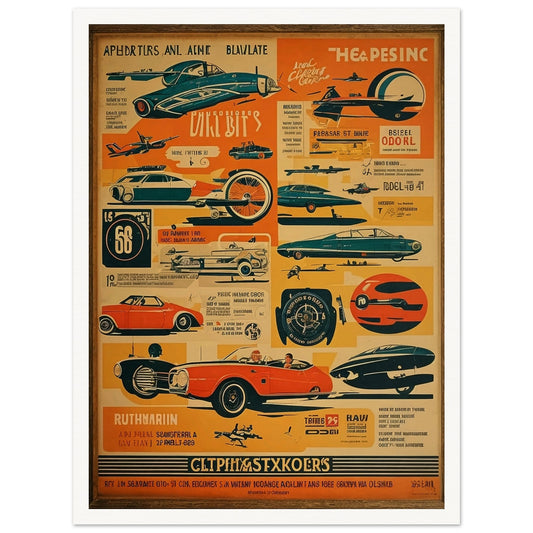 A retro sci-fi themed poster filled with futuristic vehicles, planes, and spaceships in bold colors, presenting a glimpse into a future imagined in the past.