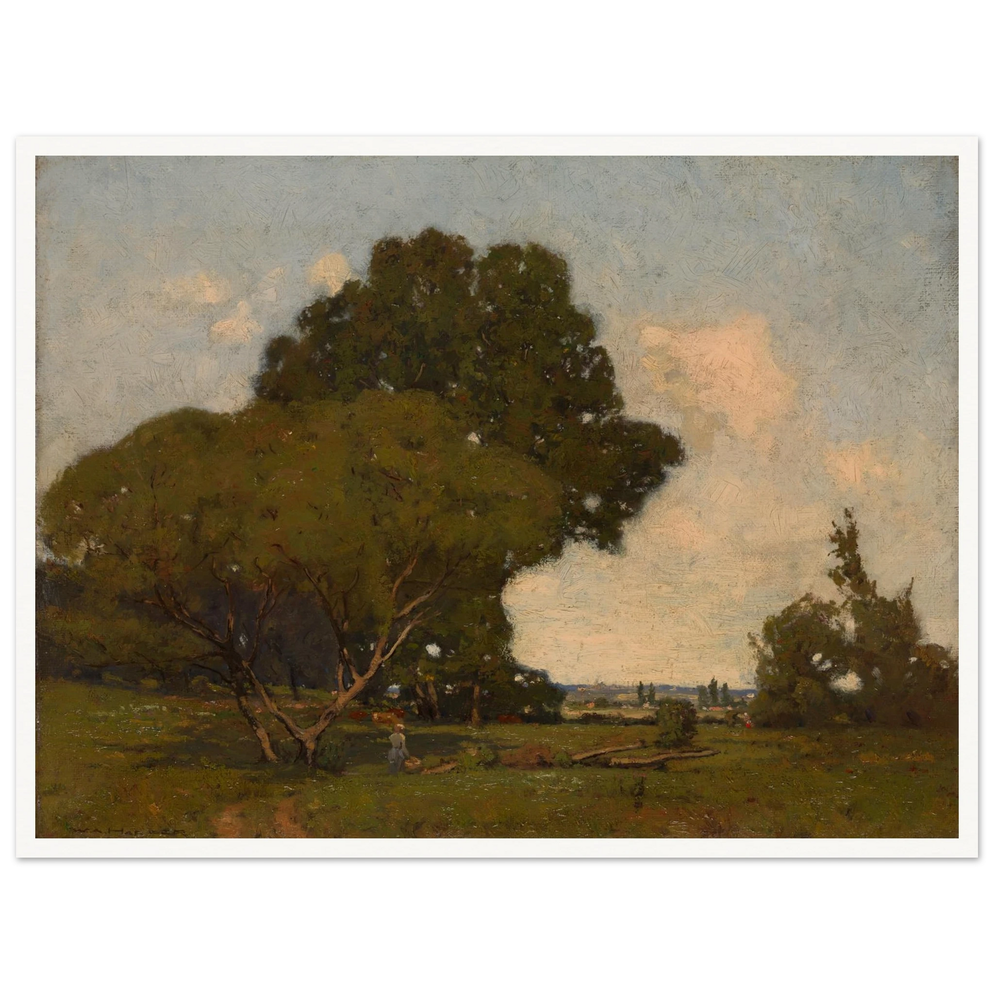A woman walks through a green meadow beneath broad trees, with a winding path and soft clouds in the distance.