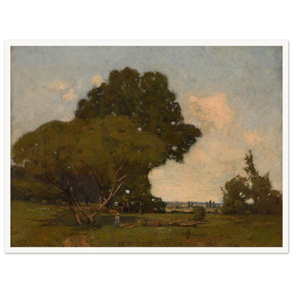 A woman walks through a green meadow beneath broad trees, with a winding path and soft clouds in the distance.