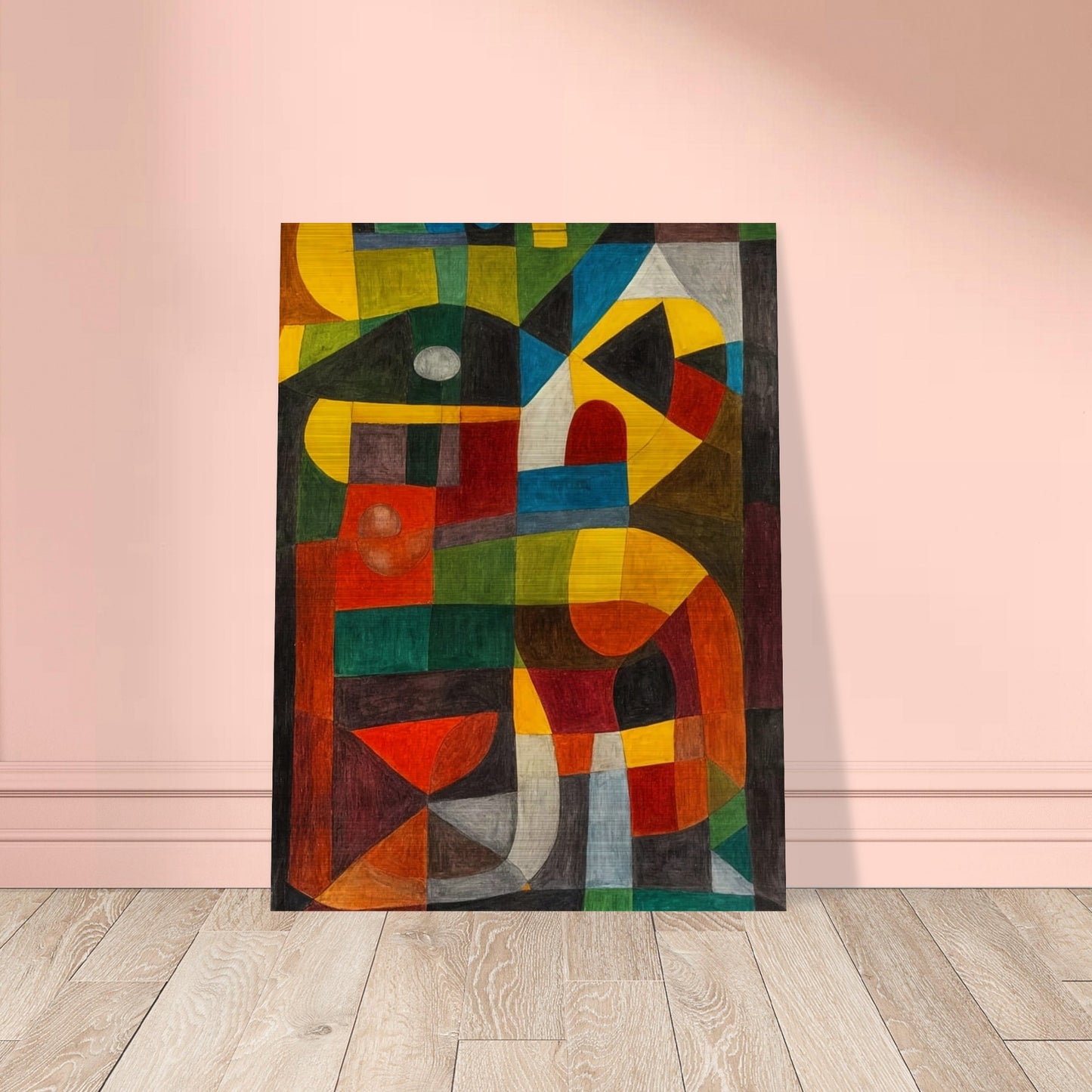 An abstract painting with bold geometric shapes and a mix of vibrant colors, creating a sense of dynamic symmetry.