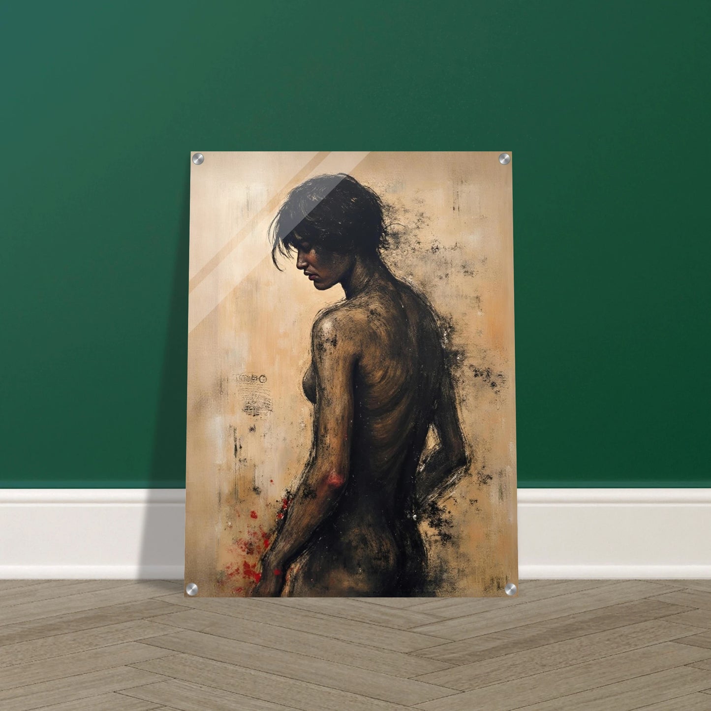 A somber portrait of a woman’s back in earthy tones, her figure turned in quiet reflection against a textured background.