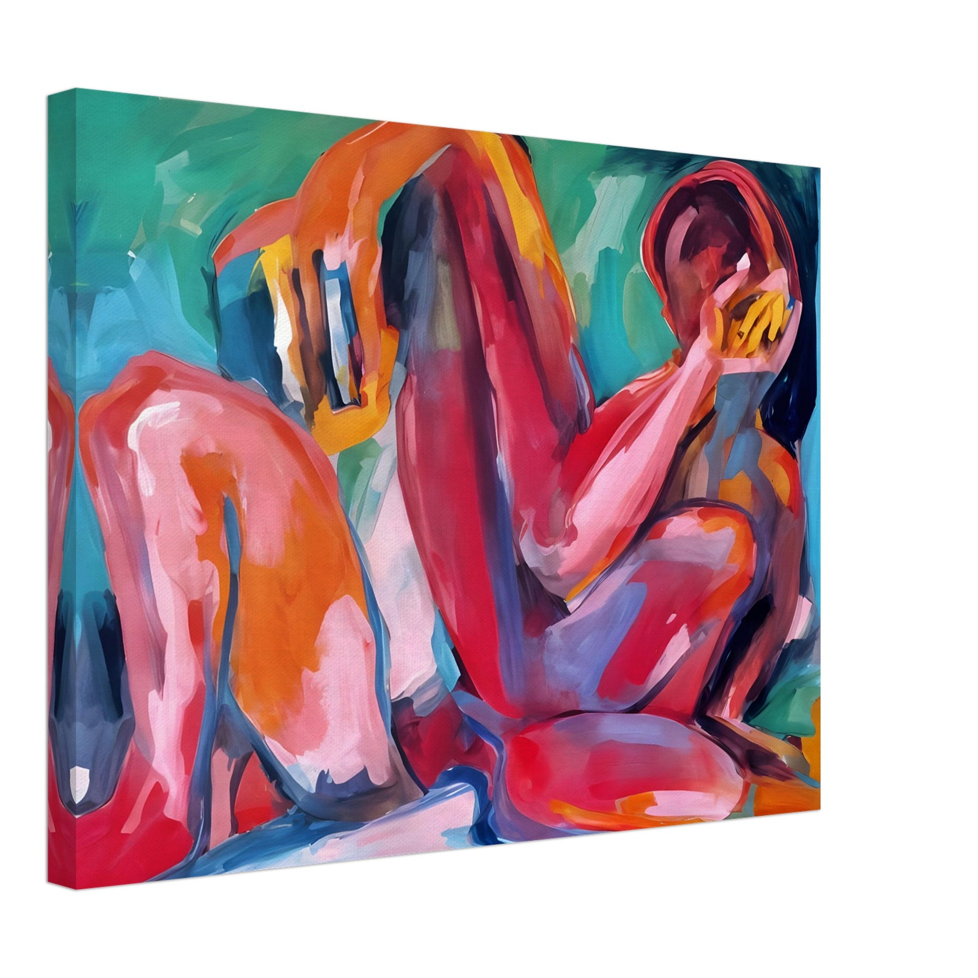 A vibrant abstract painting of a reclining figure, painted with bold strokes of red, pink, orange, and blue, evoking deep emotion.