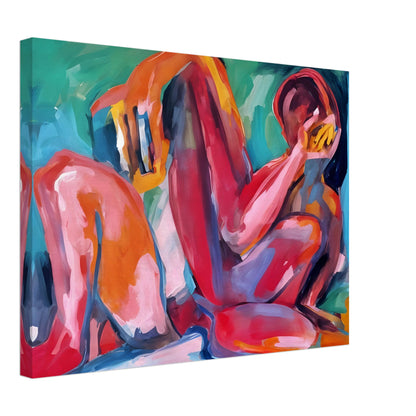 A vibrant abstract painting of a reclining figure, painted with bold strokes of red, pink, orange, and blue, evoking deep emotion.