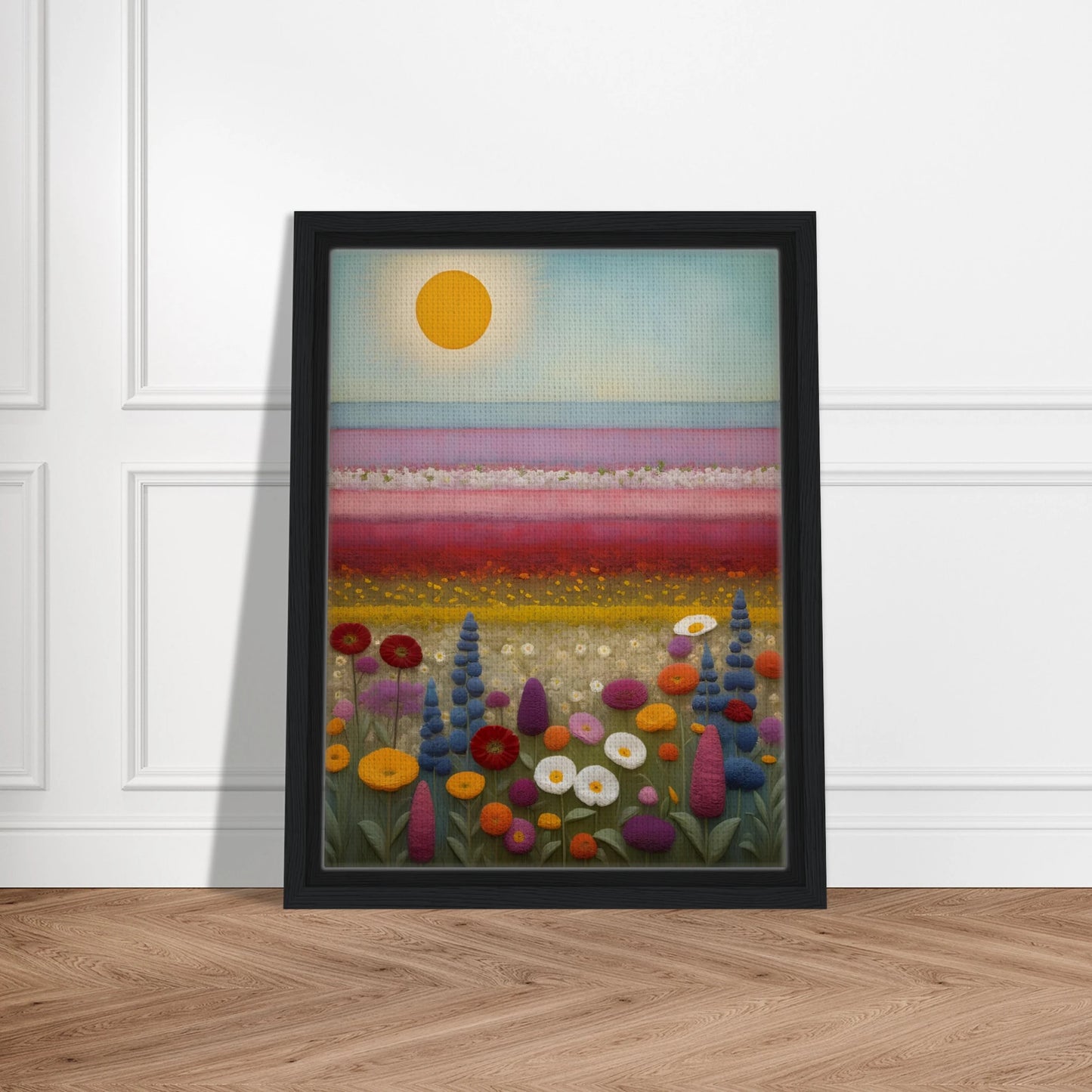 A vibrant field of multicolored flowers stretches under a golden sun, with pastel pink and purple layers blending into the horizon.