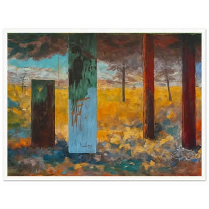 An abstract landscape painting featuring colorful vertical pillars against a backdrop of a vibrant field and dramatic sky.