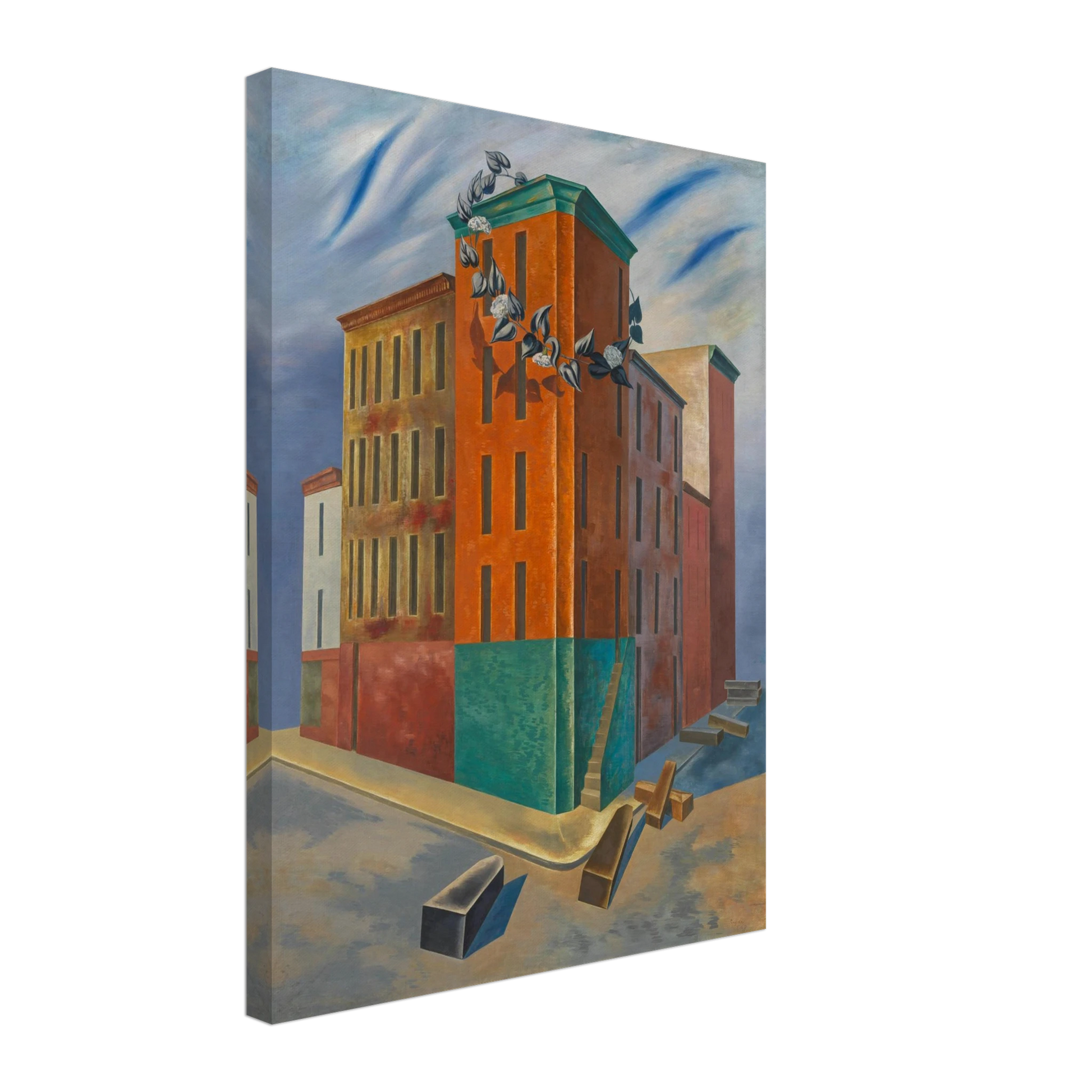 Colorful tenement buildings rise over an empty street with scattered blocks and a flowering vine beneath a blue sky.