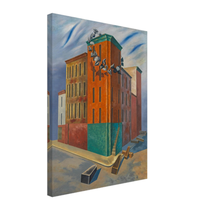 Colorful tenement buildings rise over an empty street with scattered blocks and a flowering vine beneath a blue sky.