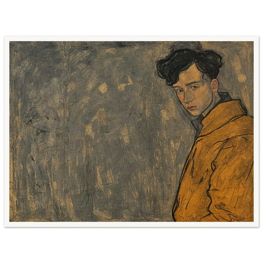 A portrait of a young man in a yellow jacket, his thoughtful expression framed against a muted, textured background.