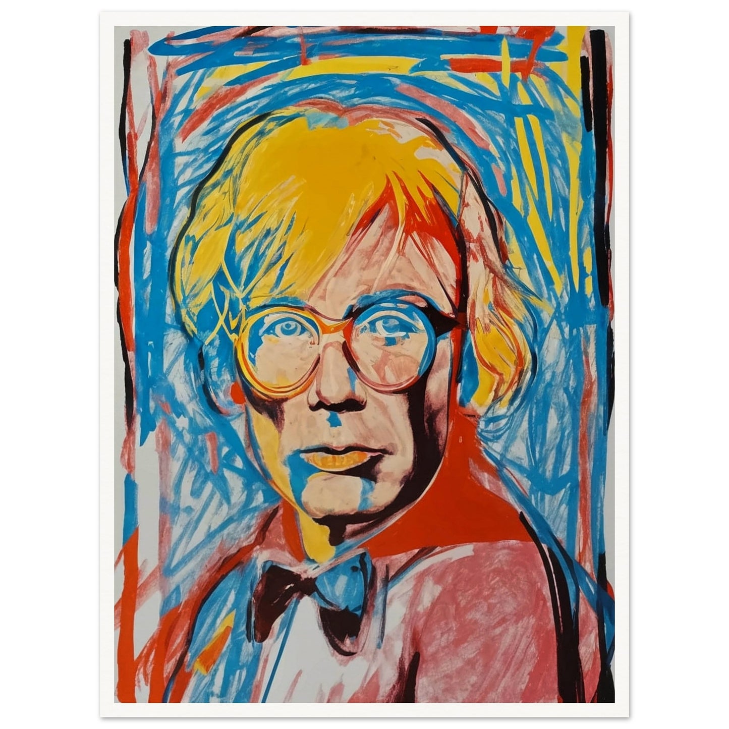 A vivid and energetic pop art portrait featuring a person with bright yellow hair and glasses. The background is filled with dynamic blue and red brushstrokes, adding to the lively and modern feel of the artwork.