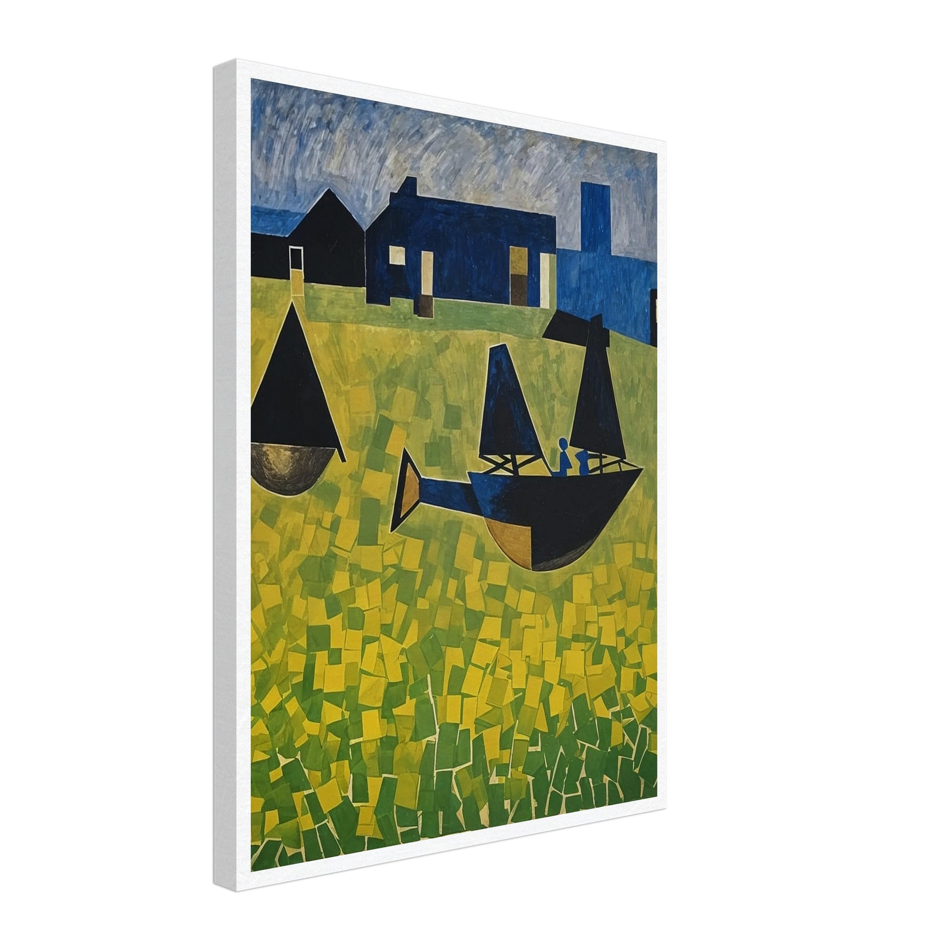 A vibrant abstract painting featuring stylized boats with dark sails floating on a sea of yellow and green geometric patterns, set against a backdrop of blue houses and a tower under a textured sky.