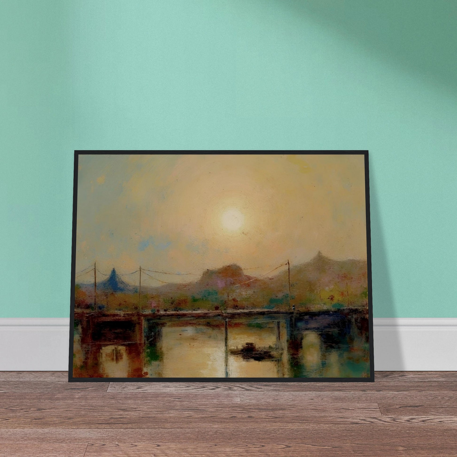 Hazy sunrise over a quiet bridge and river, with distant hills and muted pastel tones reflecting on the water.