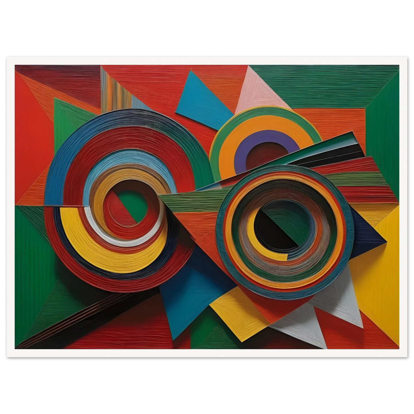 Vivid geometric painting with intersecting concentric circles and sharp-edged forms in bold reds, greens, blues, and yellows.