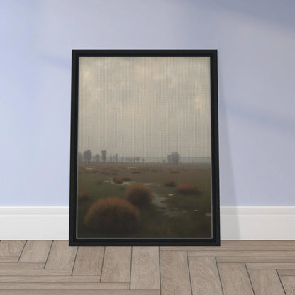 A misty field with distant trees under a pale sky, capturing the quiet stillness of a fog-laden morning.