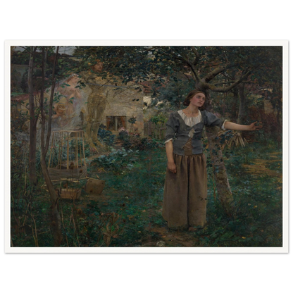Joan of Arc stands in a garden as luminous saints appear behind her