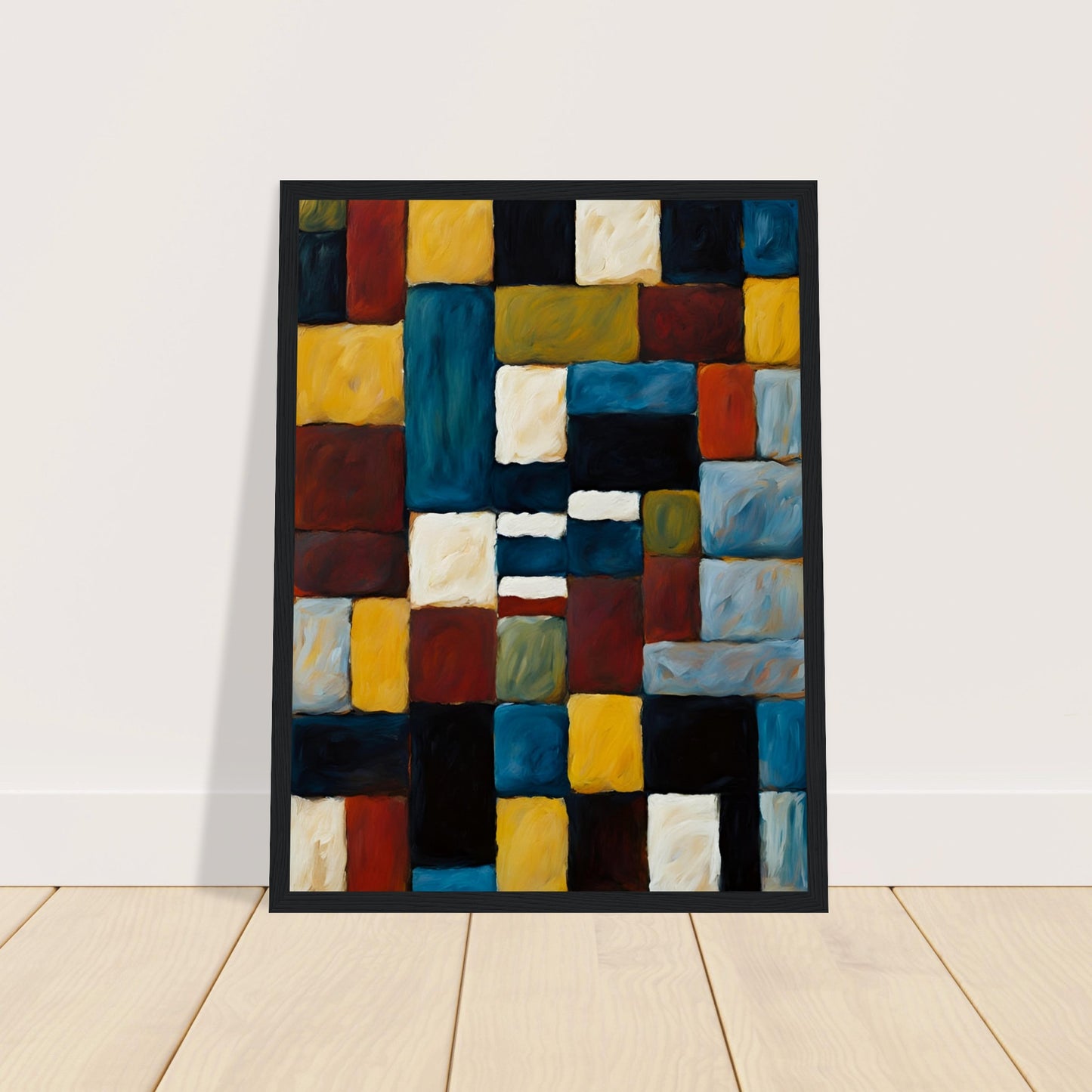 A rich, textured geometric painting featuring interlocking squares and rectangles in deep blue, gold, red, and black, creating a bold composition.