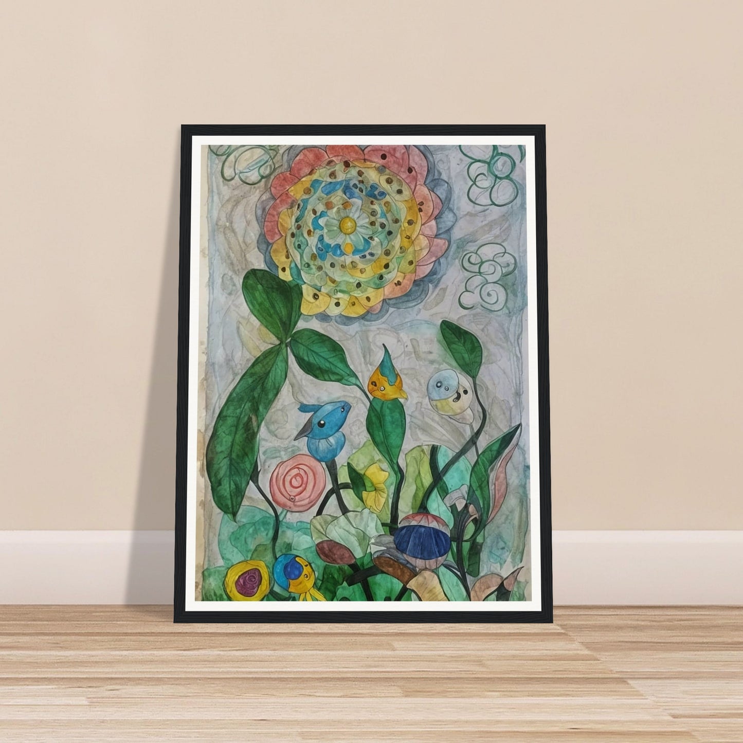 A whimsical watercolor painting of a colorful garden with abstract flowers and playful creatures.