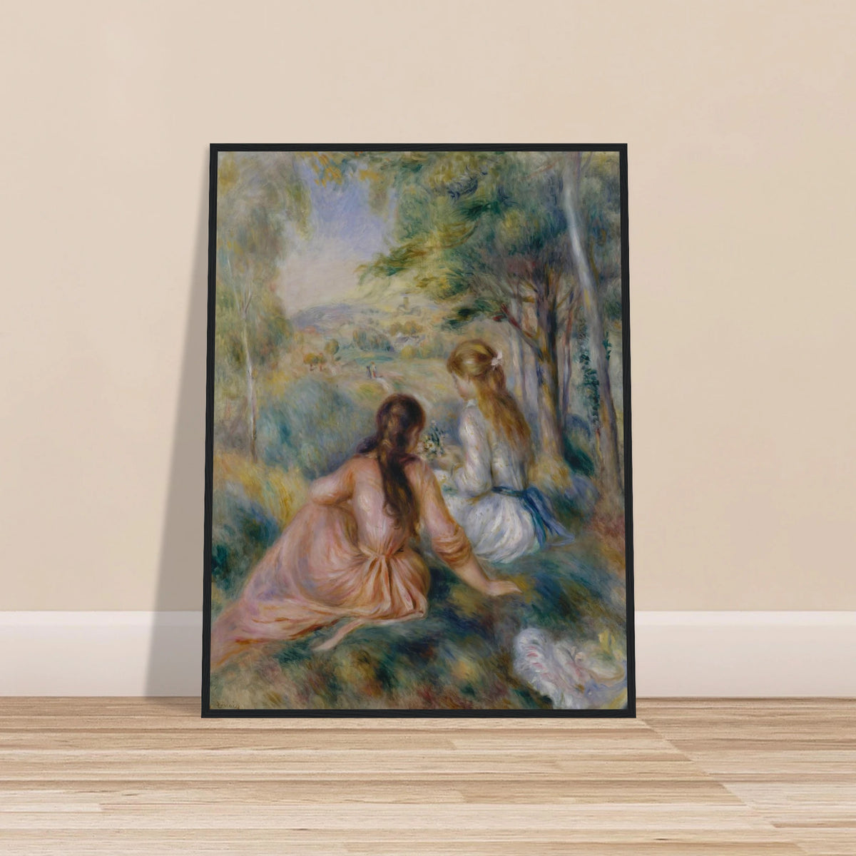 Two girls in pastel dresses sit among trees and flowers in a soft impressionist meadow.