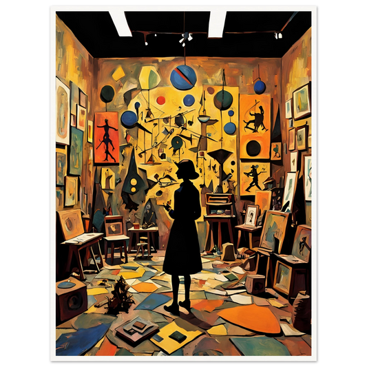 A silhouette of a woman stands in an eclectic art studio filled with paintings, sculptures, and hanging mobiles, bathed in warm golden light.