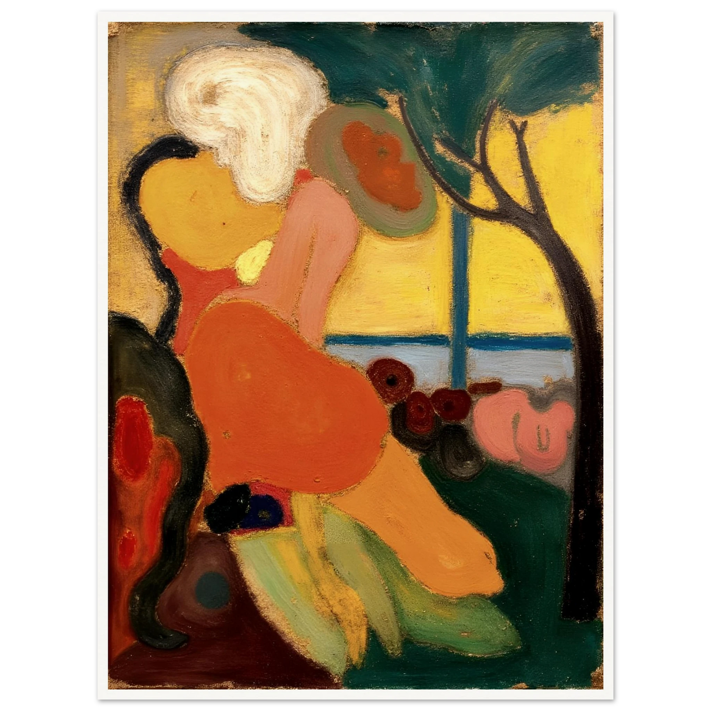 An expressive painting of two figures near the sea, surrounded by warm oranges, yellows, and greens under a gentle tree.