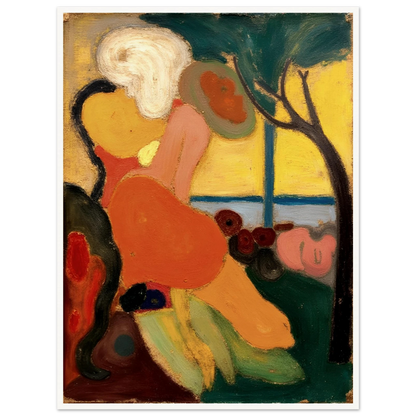 An expressive painting of two figures near the sea, surrounded by warm oranges, yellows, and greens under a gentle tree.