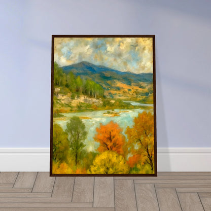 A serene river winds through a lush valley with colorful autumn trees and distant blue-green mountains.