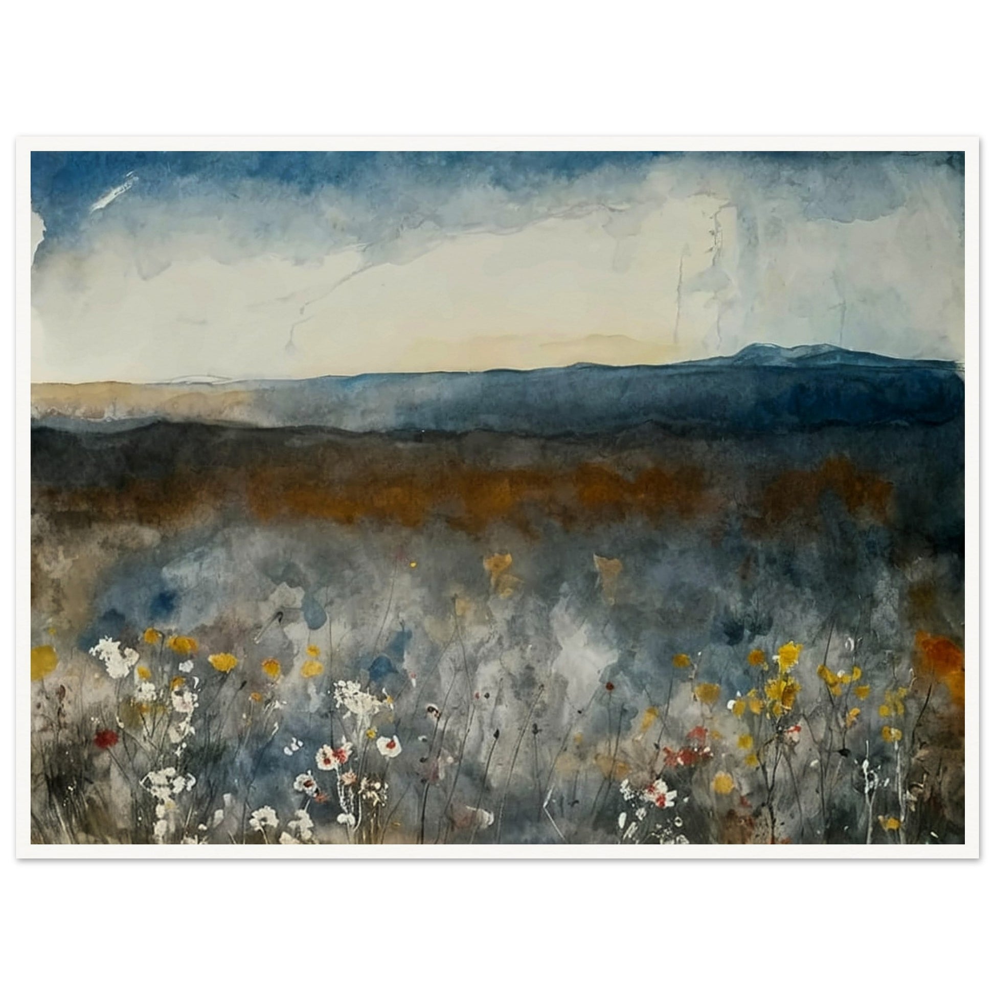 A painting of a misty meadow with wildflowers in the foreground and distant mountains under a cloudy sky.