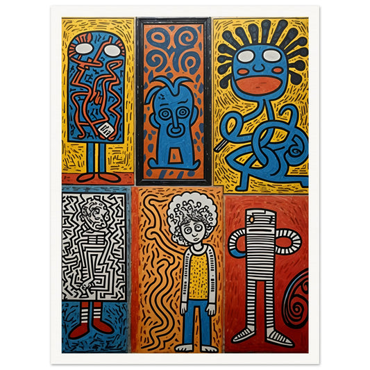 A bold and colorful artwork featuring six unique abstract faces in a pop-art style, with vibrant blues, reds, yellows, and intricate patterns.