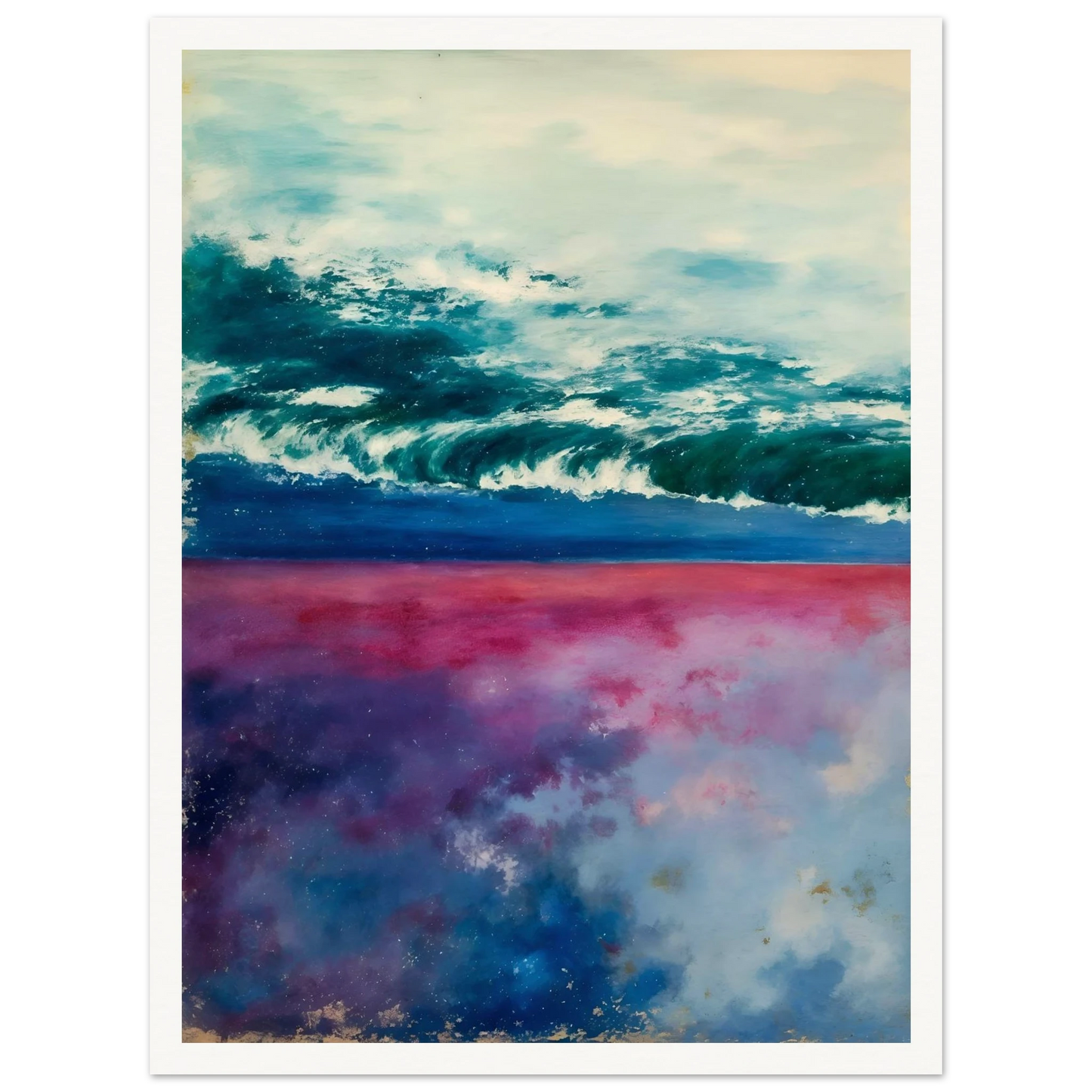 Teal ocean waves roll beneath a pale sky, with pink and blue reflections glowing below.