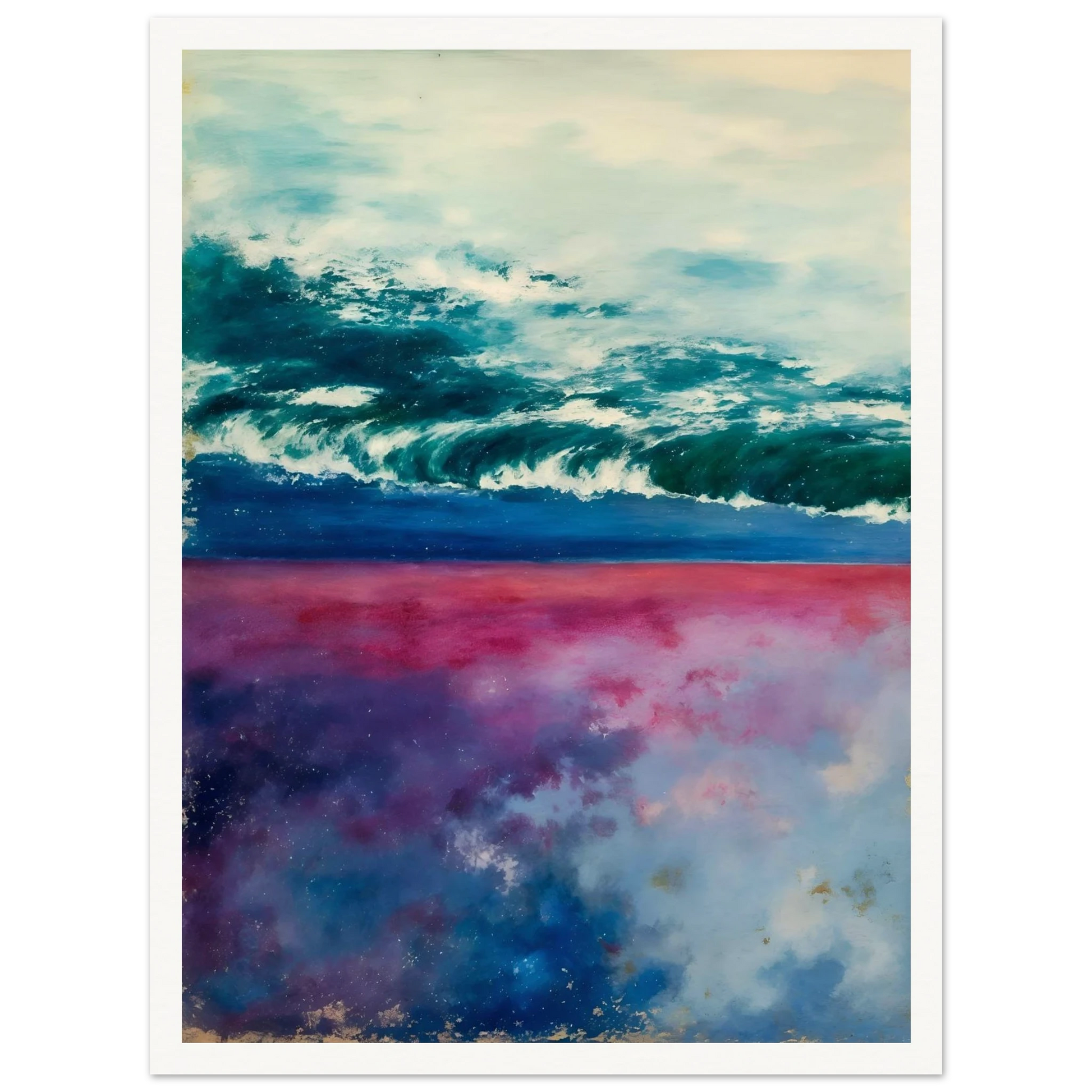 Teal ocean waves roll beneath a pale sky, with pink and blue reflections glowing below.