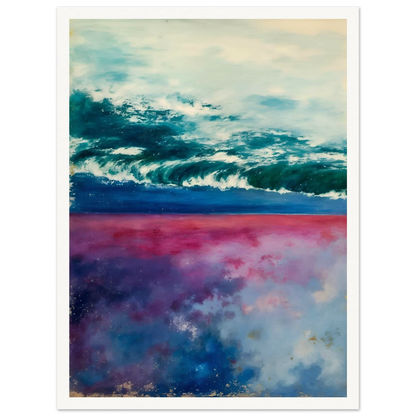 Teal ocean waves roll beneath a pale sky, with pink and blue reflections glowing below.