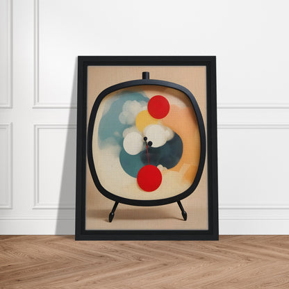 An abstract artwork of a clock with a black oval frame and tripod legs, featuring vibrant circular shapes in red, yellow, white, and teal against a soft beige background.