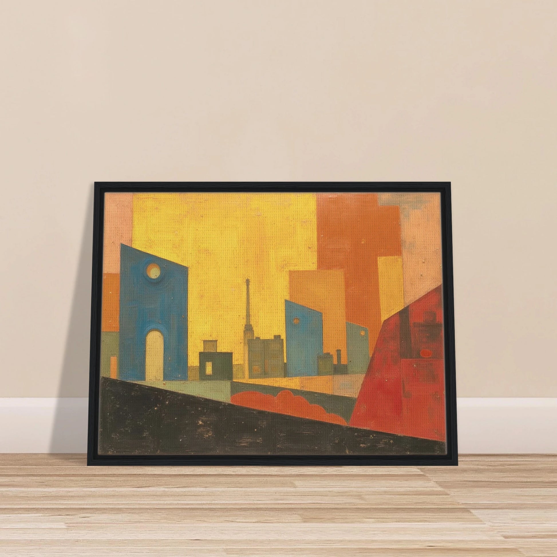 A stylized cityscape with warm yellow and orange tones, blue geometric buildings, and abstract architectural silhouettes.