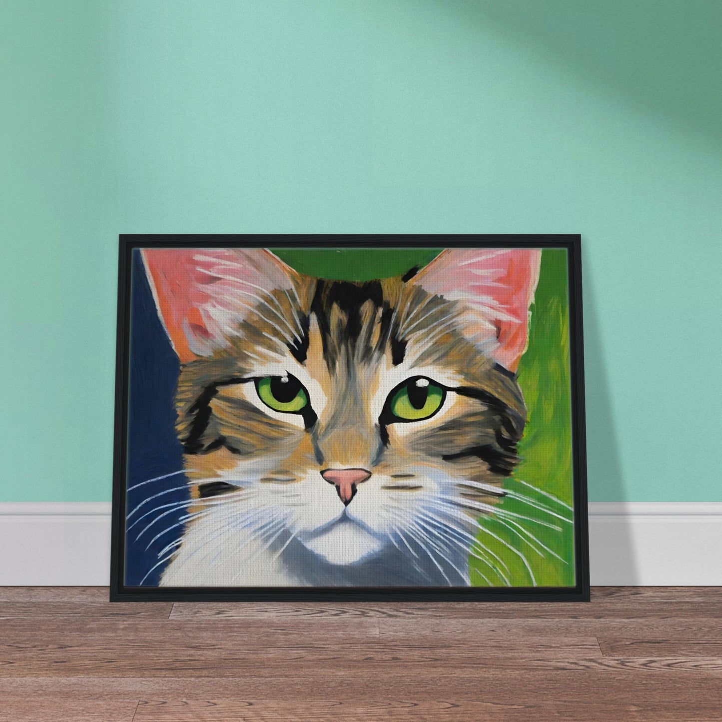 A close-up portrait of a cat with vibrant green eyes, soft fur patterns, and pointed ears, set against a bold green and blue background.