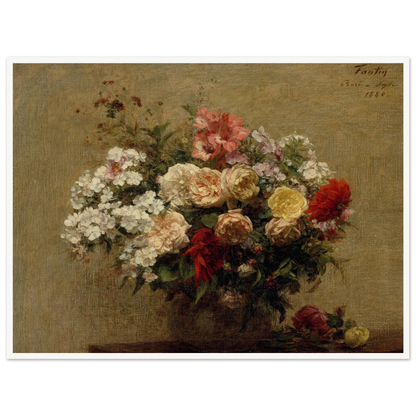 Summer bouquet of red, white, yellow, and pink flowers in a dark vase against a tan background