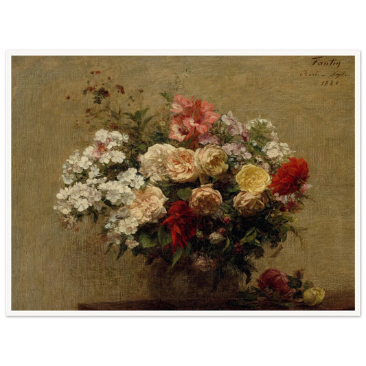 Summer bouquet of red, white, yellow, and pink flowers in a dark vase against a tan background