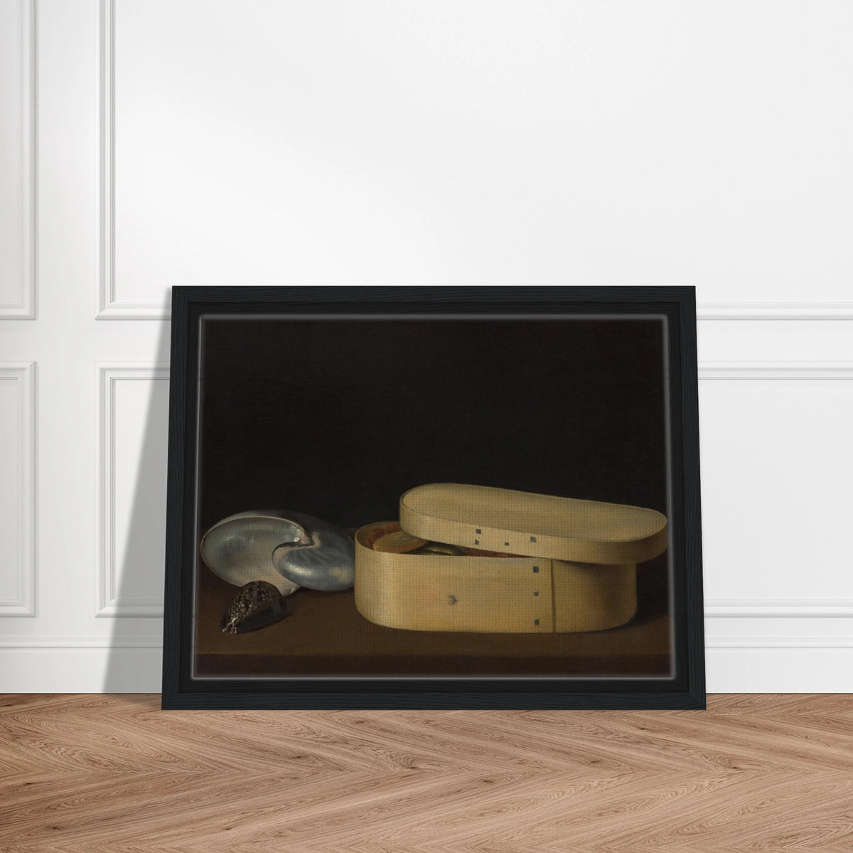 A chip-wood box with shells, dried fruit, and fish rests against a dark background.