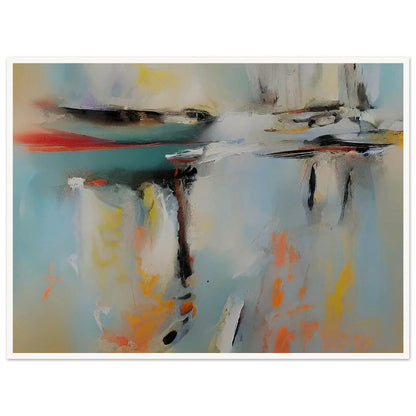 An abstract painting with soft, blurred colors reflecting on a calm water surface, creating a serene and tranquil atmosphere.