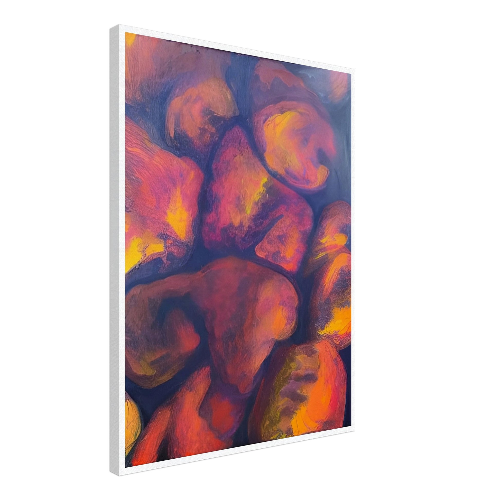 A vibrant abstract painting with luminous blossoms in shades of red, orange, and yellow against a deep blue background.