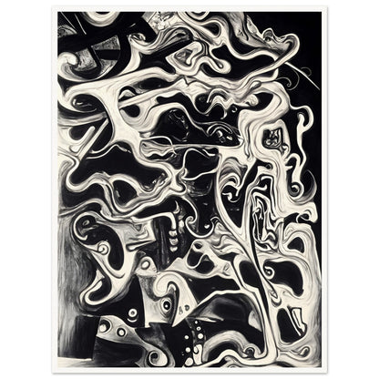 A mesmerizing black and white fluid composition, intertwining abstract faces and swirling patterns, evoking mystery and depth.