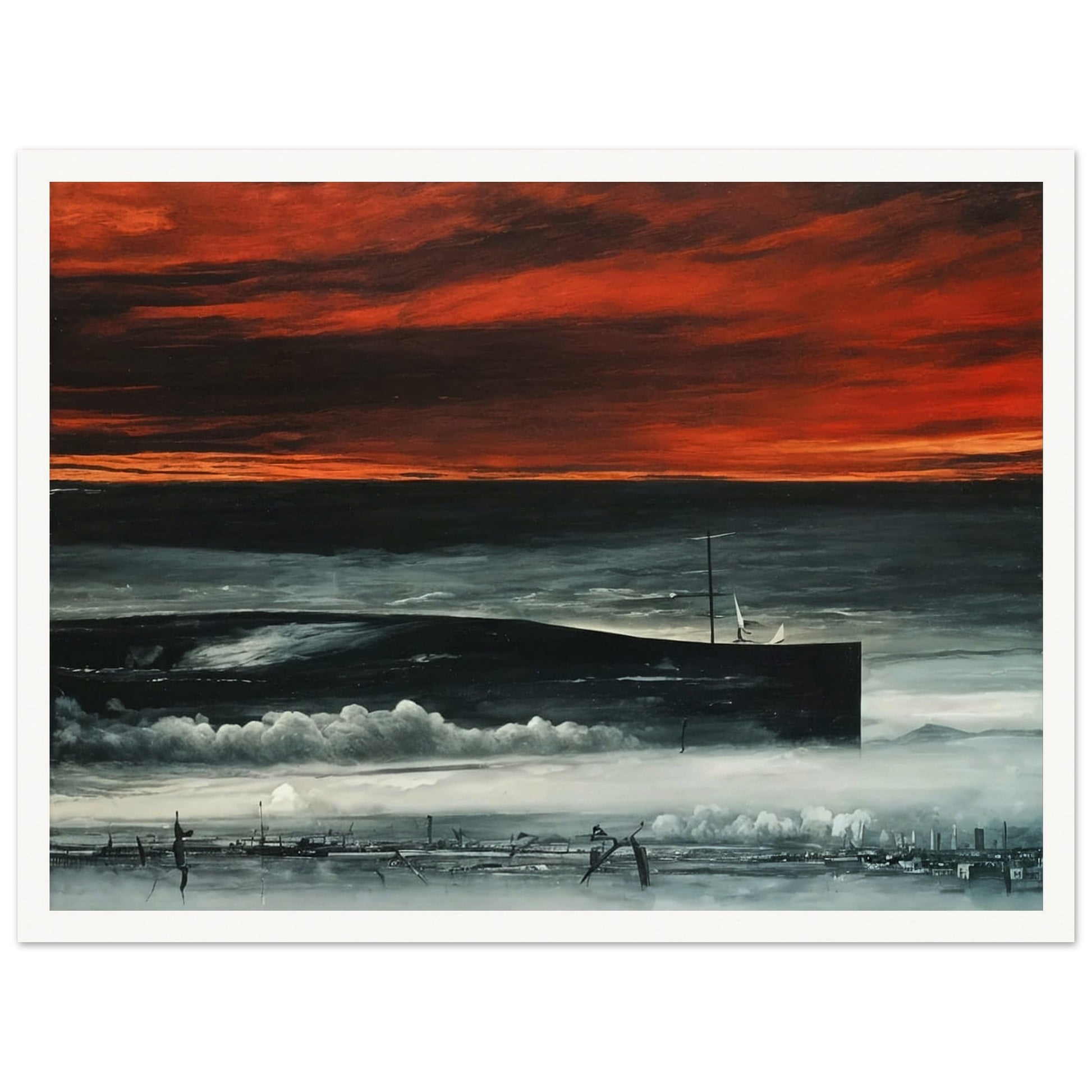 A dark, dystopian landscape painting featuring a dramatic red sky and shadowy structures, evoking a sense of mystery and foreboding.