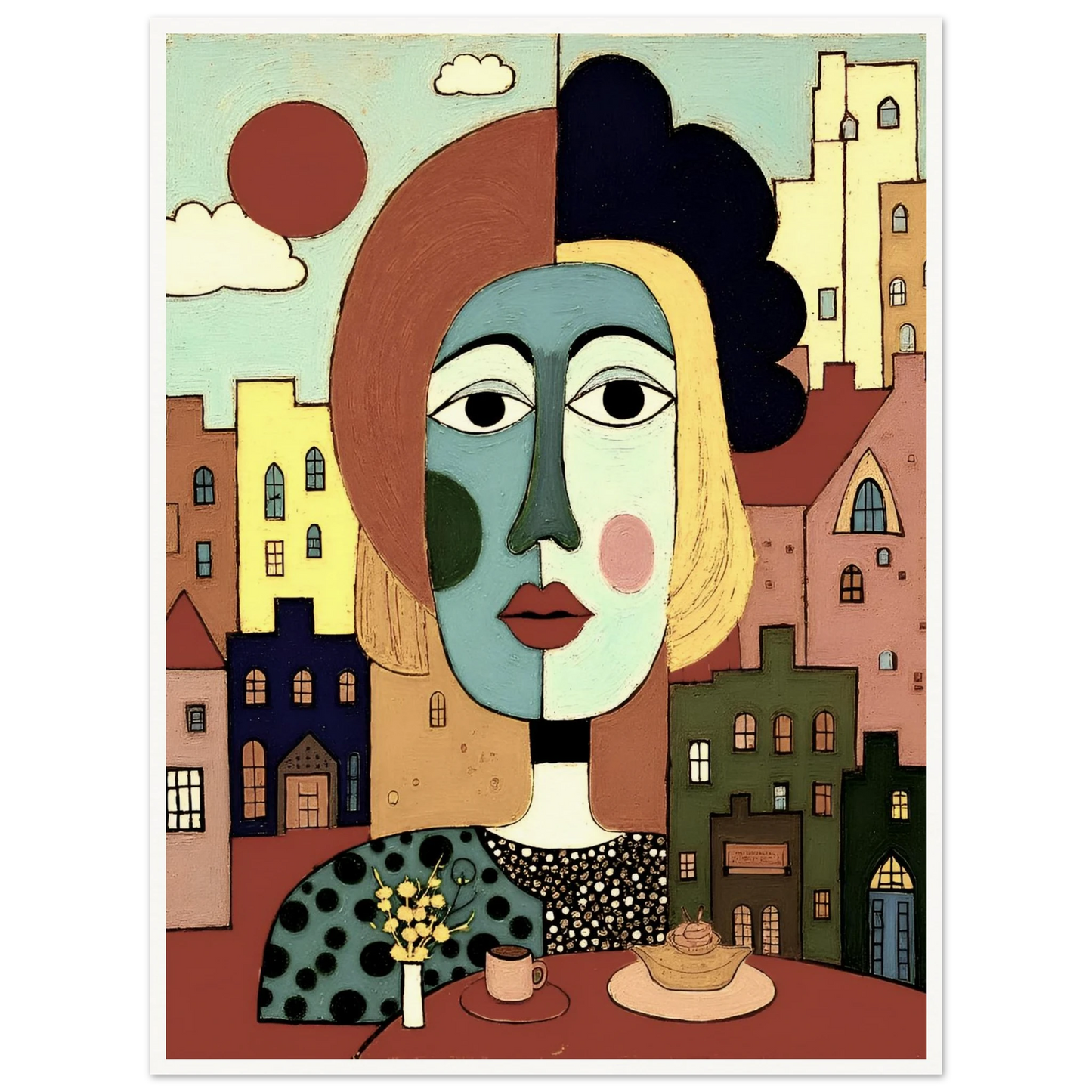 A cubist portrait of a woman at a café table with coffee and pastry, set against a pastel-colored cityscape and warm red sun.