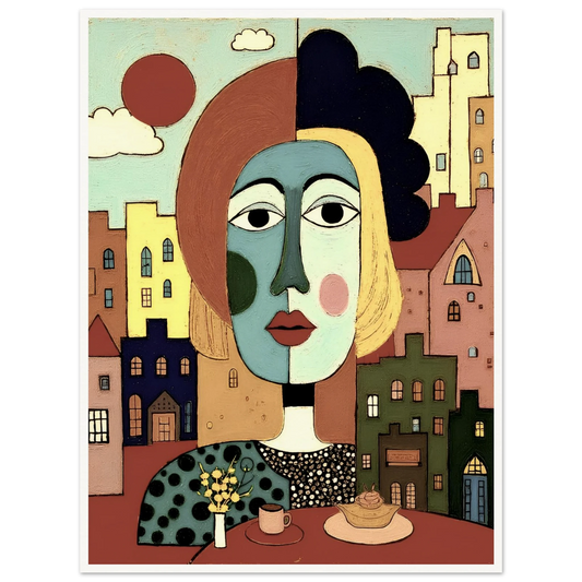 A cubist portrait of a woman at a café table with coffee and pastry, set against a pastel-colored cityscape and warm red sun.