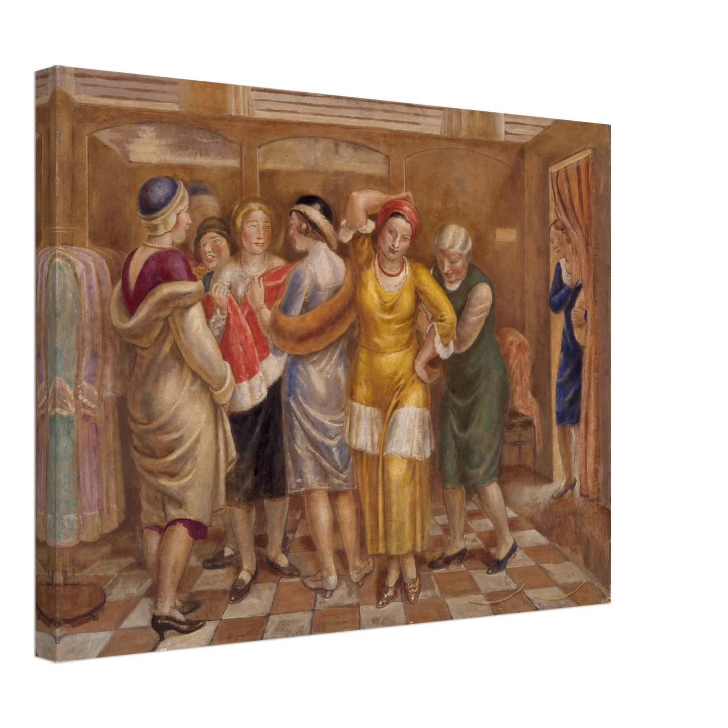 Women try on dresses in a fitting room with wooden stalls and a checkered floor